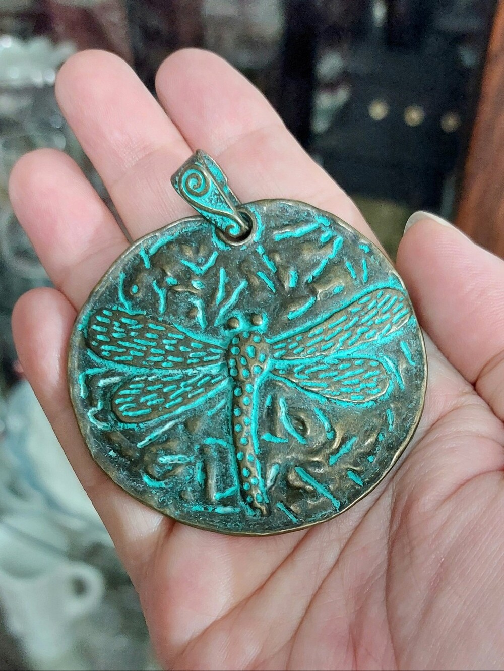 Dragonfly Round Metal Charm Pendant with Green Patina - Nature Jewelry